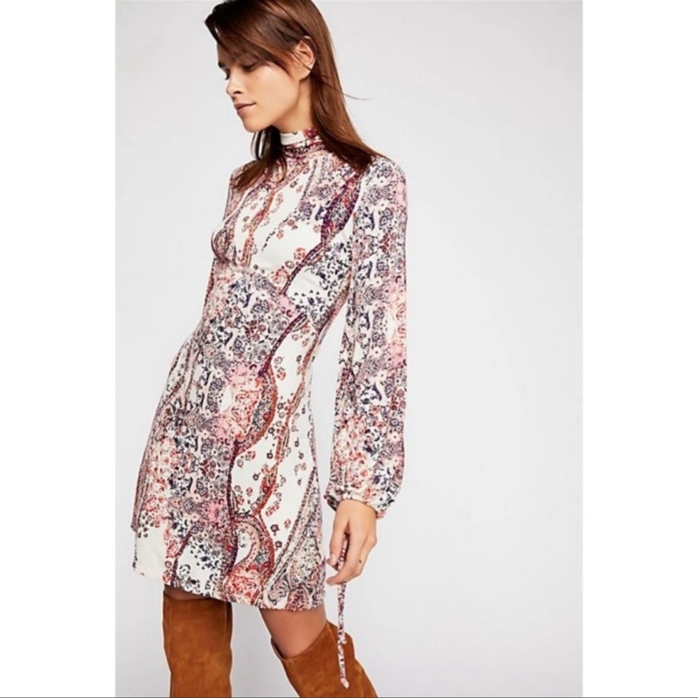 Free People All Dolled Up Printed Long Sleeve Mini Dress Small